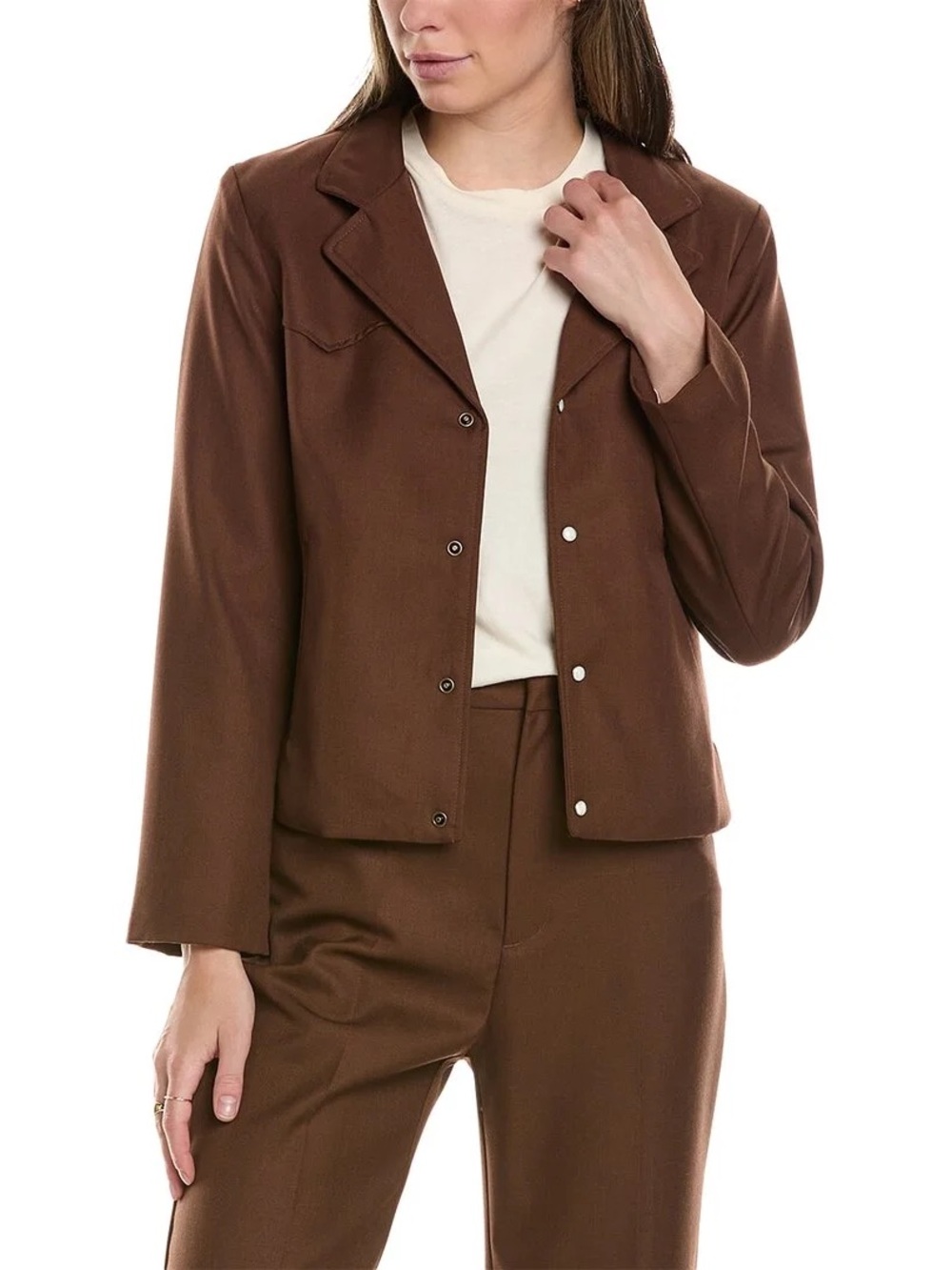 THE GREAT. HICKORY BROWN SNAP FRONT WOOL BLEND WESTERN BOXY BLAZER JACKET